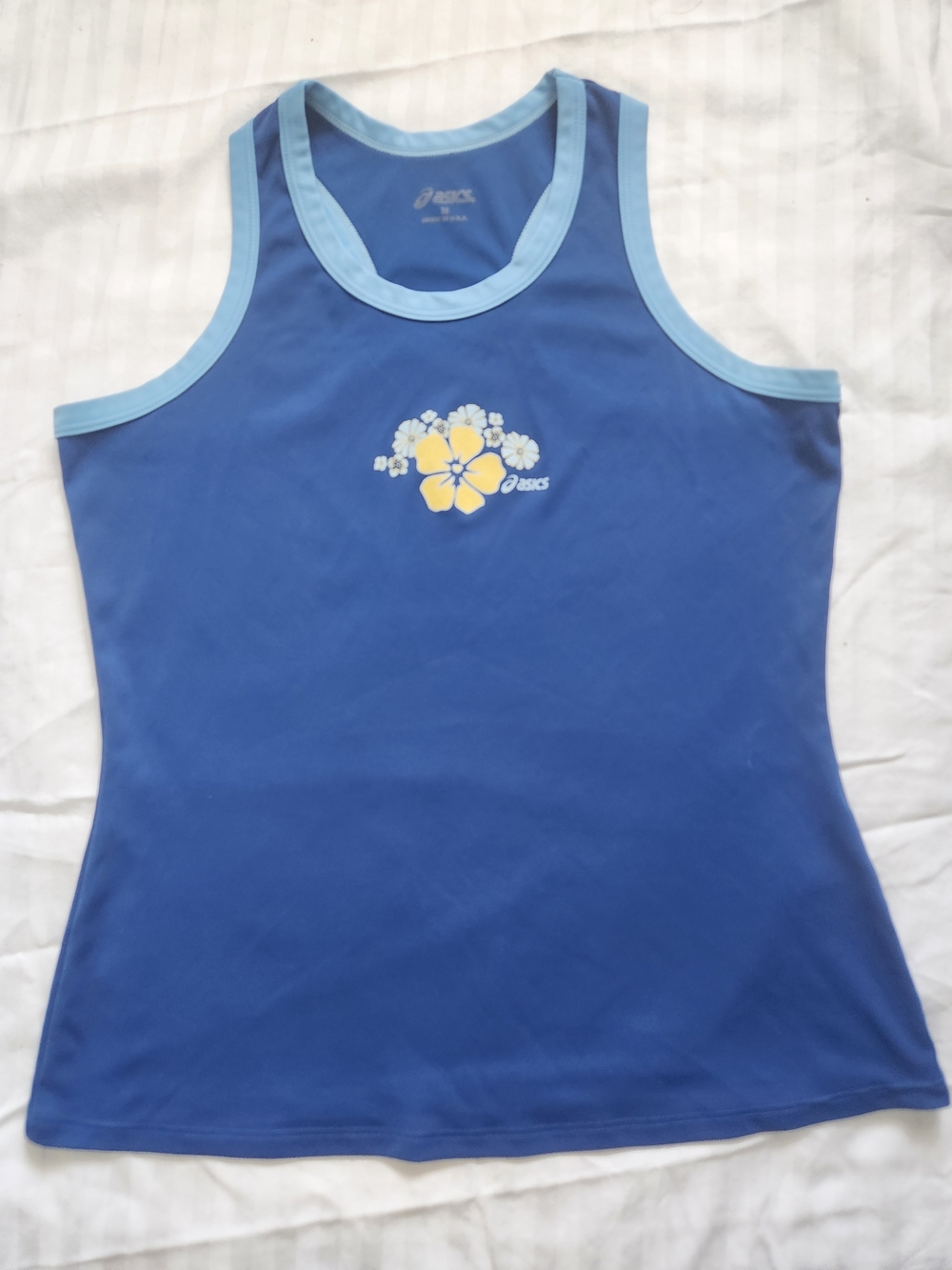 Asics Blue Racerback Tank Top with Light Blue Trim and Yellow Floral Accent